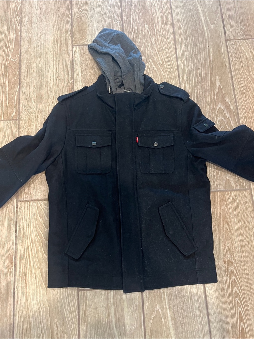 Levi's Black Military-Style Coat with Gray Hood